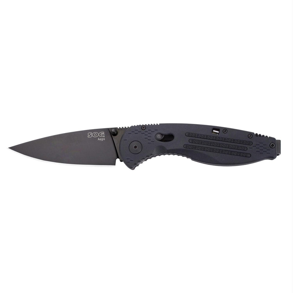 SOG Aegis Assisted 3.5 in Black Plainedge Black GRN Handle