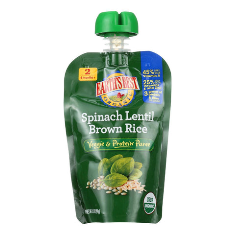 Earth's Best Organic Spinach Lentil Brown Rice Veggie And Protein Puree - Case Of 12 - 3.5 Oz.