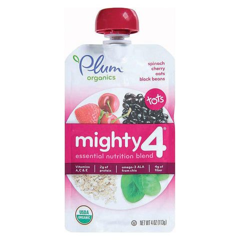 Plum Organics Mighty 4 Blends Tots - Cherry, Strawberry, Black Bean, Spinach And Oat - Case Of 6 - 4 Oz.