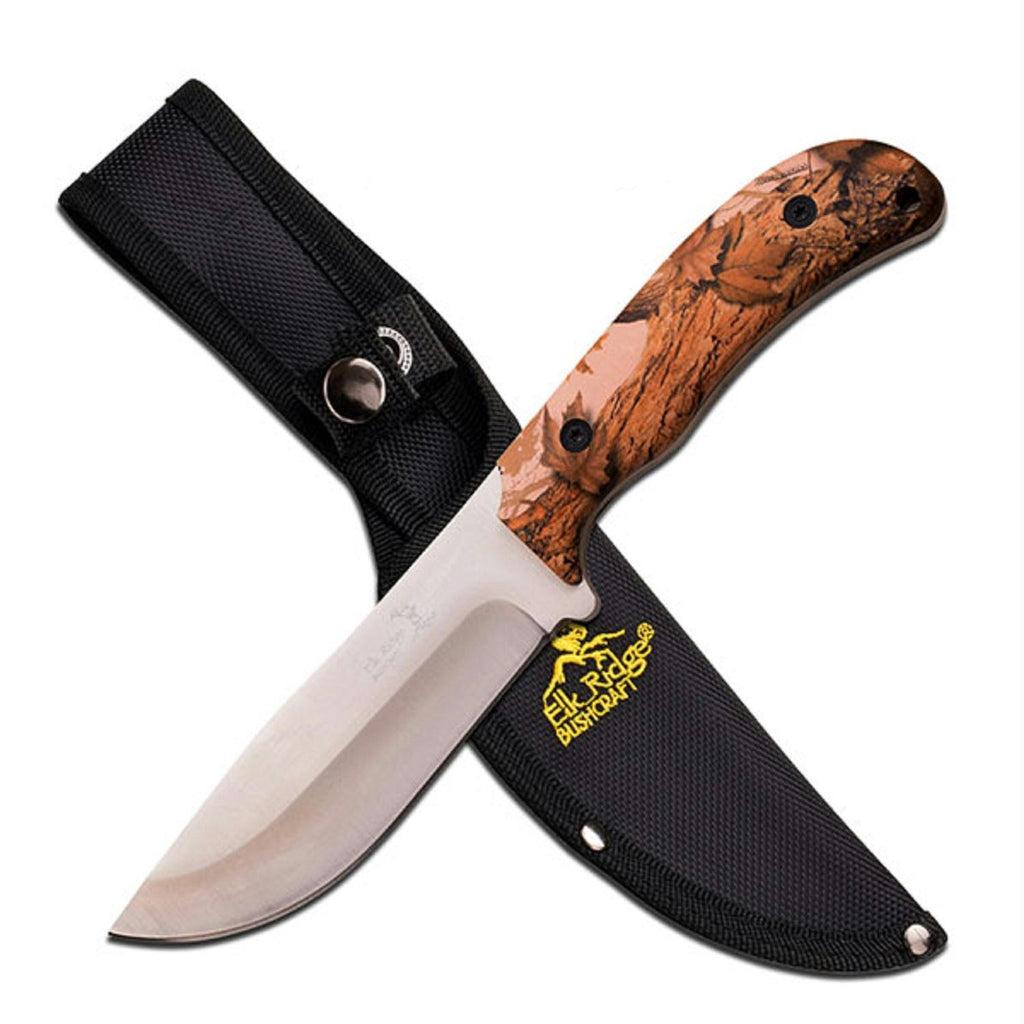 Elk Ridge Fixed Knife 10.5in w-Brn Camo Coated Handle