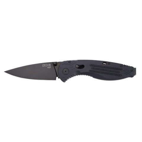 SOG Aegis Assisted 3.5 in Black Plainedge Black GRN Handle